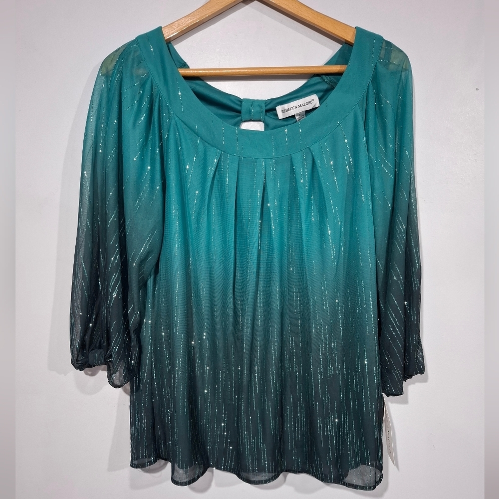 Women’s Rebecca Malone Green Sparkling Blouse Top Long Sleeve Size Large Evening